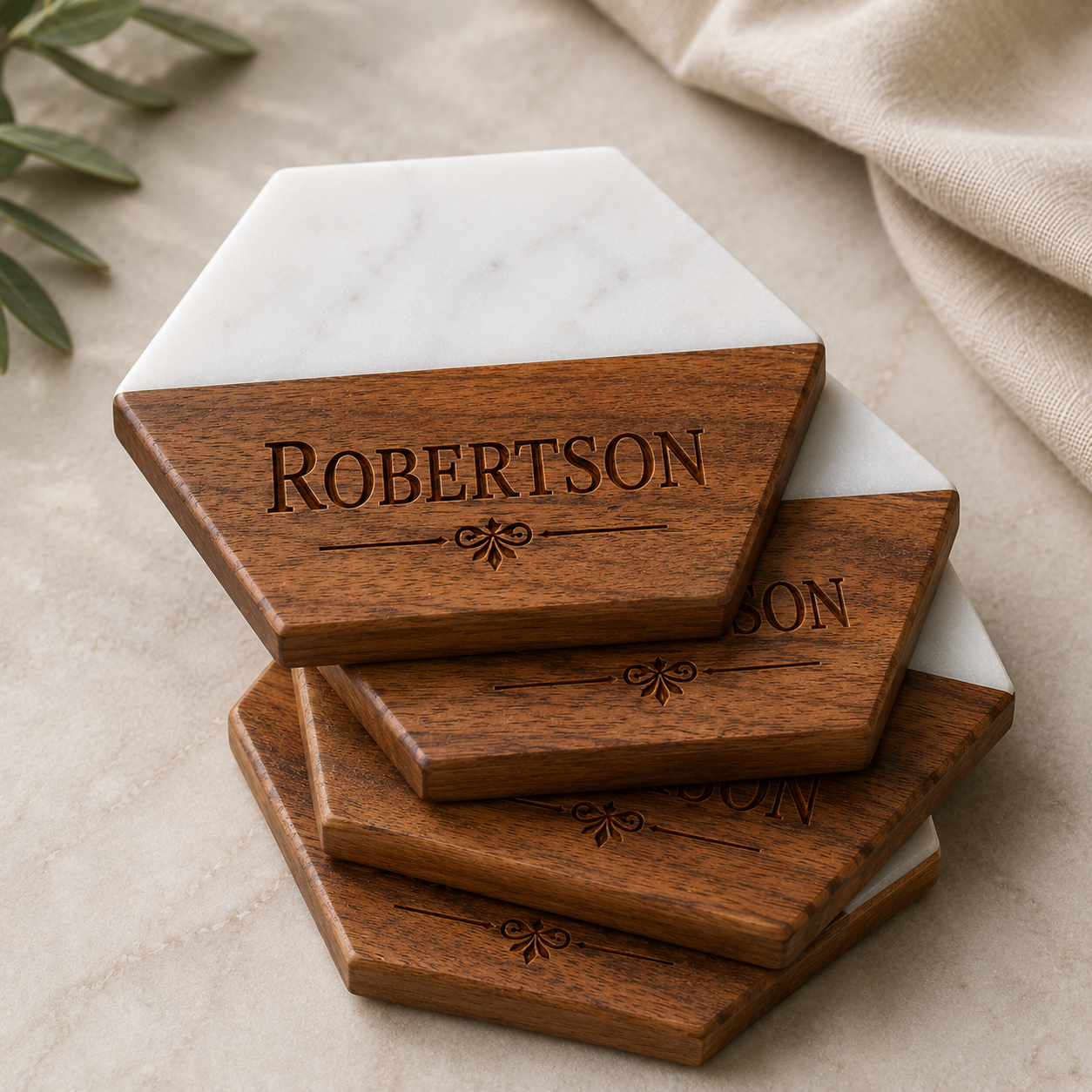 Hexagon Acacia Marble Coaster Set (VIP)