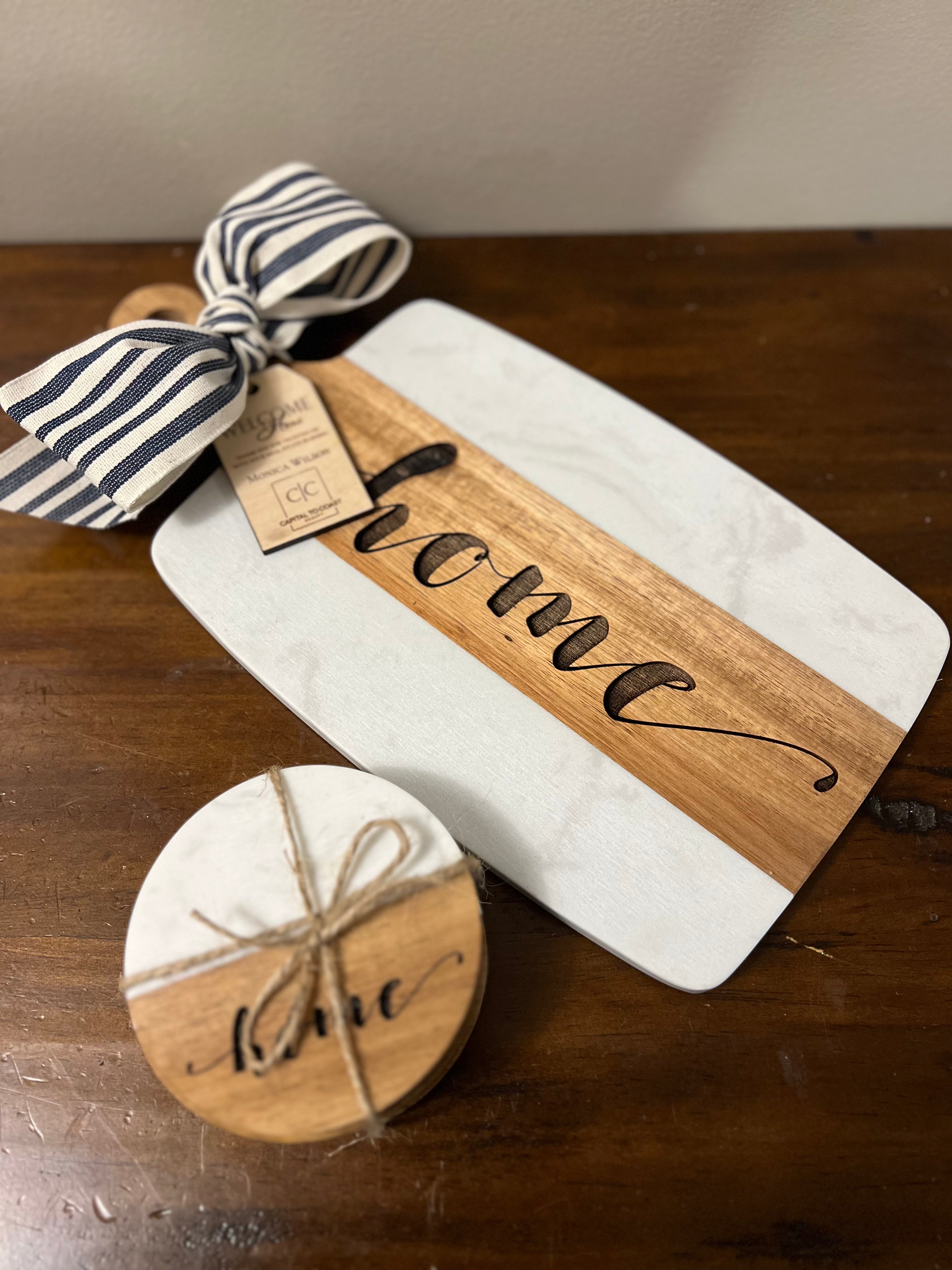 Acacia & Marble Gift Set – Engraved Tray + Coasters